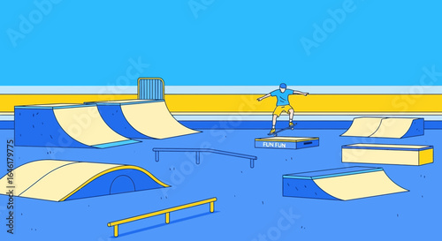Stylized Skateboarding Illustration at Modern Skatepark With Ramps And Rails