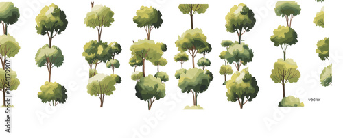 PrintCollection of lush green cartoon trees, natural forest landscape elements, isolated tree vector illustrations, eco-friendly nature design for outdoor scenery