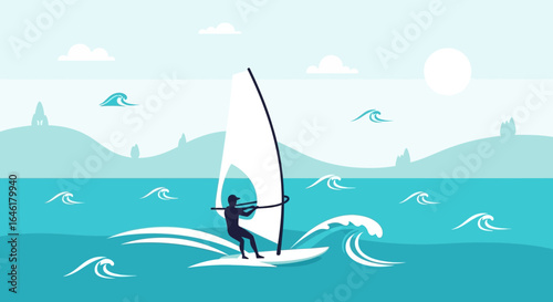 Stylized windsurfer silhouette riding ocean waves in a serene coastal landscape