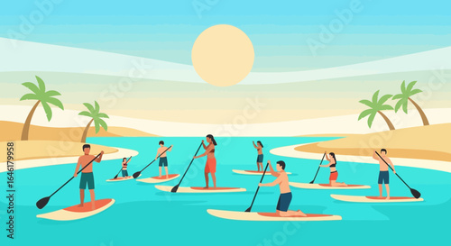 Vector illustration of people paddleboarding in the ocean on a sunny day at the beach