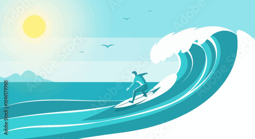 Vector illustration of surfer riding a wave in the ocean on a sunny day depicting the sport of surfing and summer adventure