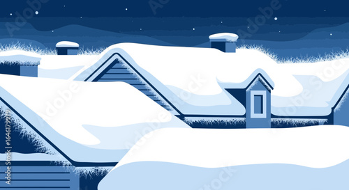 Vector illustration of snowy roofs in winter night serene scene in shades of blue landscape with multiple house