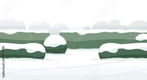 Vector illustration of winter landscape with snowy bushes and ground cover with a muted color scheme and simple shapes suitable for backgrounds