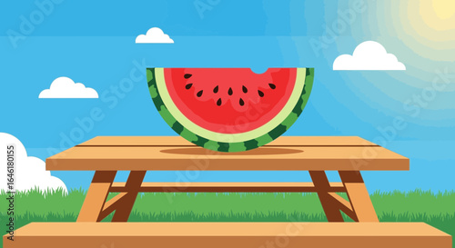 Summer Picnic Scene With Sliced Watermelon On Table Under A Bright Sunny Sky