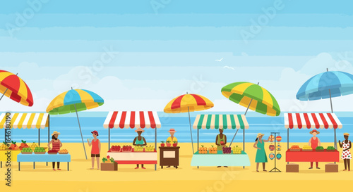 Vibrant Beach Market Scene With Colorful Umbrellas And Happy People