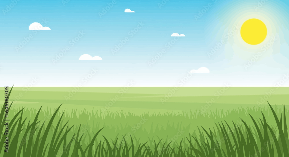 Fototapeta premium Sunny Day Landscape Illustration Of Green Field And Blue Sky
