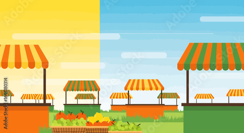 Vibrant farmers market illustration with fresh produce stalls and colorful awnings creating a lively scene