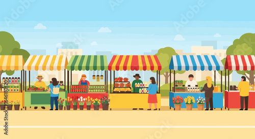 Vibrant Community Market Scene With Diverse Vendors And Shoppers Under Striped Awnings