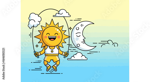 Sun and Moon's Fitness Journey: A Cheerful Illustration of Exercise and Balance