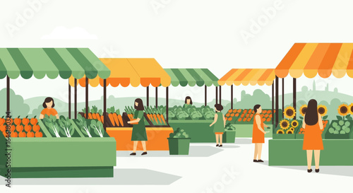 Vibrant farmers market scene with colorful stalls and diverse fresh produce display
