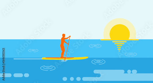 Sunrise Paddleboarding Scene With Minimalist Design And Orange Silhouette