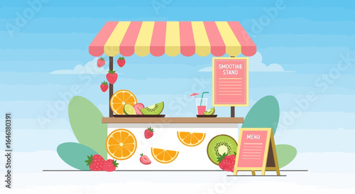 Vibrant fruit smoothie stand illustration perfect for healthy lifestyle promotion marketing