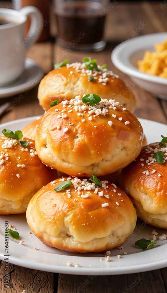 Fototapeta premium Buchteln pastries topped with sesame seeds on a wooden table 