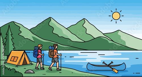 Vibrant Illustration of Outdoor Adventure with Hikers and Mountain Lake Scenery