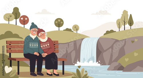 Sweet Elderly Couple Enjoys Romantic Moment By Waterfall In Natural Scenery
