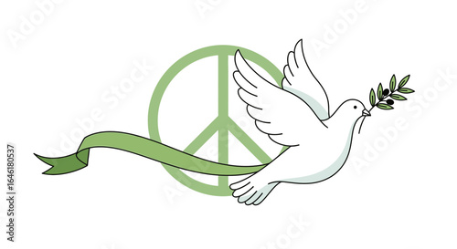 Symbolic representation of peace featuring a dove with olive branch and peace symbol