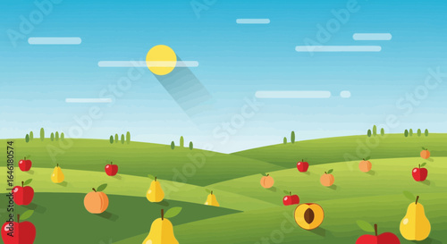 Vibrant Orchard Landscape Vector Illustration with Apples Pears and Peach Fruits