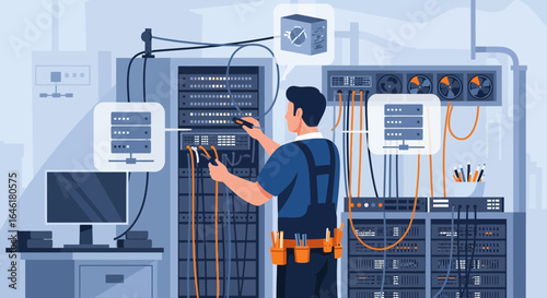 System administrator working on server maintenance with cables and hardware in a data center environment