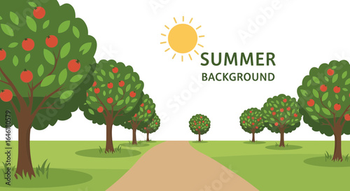 Vibrant Orchard Trees In Summer With Ripe Fruits And A Sunny Background
