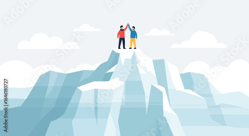 Teamwork and achieving goals represented by a successful climb to the summit