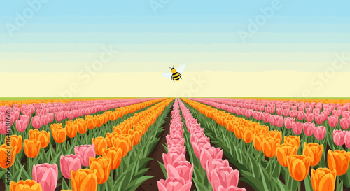 Vibrant tulip field with a bumblebee buzzing above, showcasing a colorful spring landscape with a clear blue sky and bright yellow horizon
