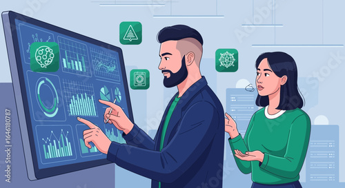 Teamwork in data analysis as a man and a woman interact with a large screen display in business to review data graphics