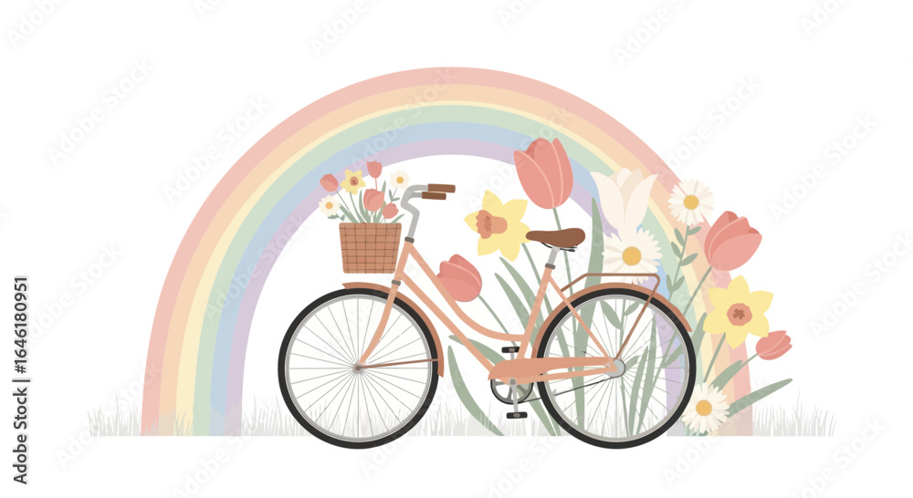Fototapeta premium Vintage bicycle with flowers in basket against pastel rainbow background art