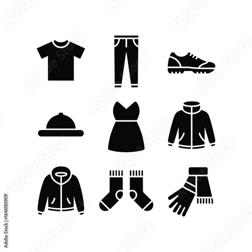 Collection of black clothing and accessory icons on a white background