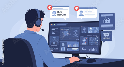 Technical support professional addressing bug reports and code milestones on a screen focused tasks