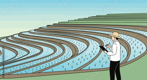 Terraced Rice Fields Farmer Taking Notes Beautiful Asian Landscape Illustration