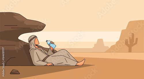 Thirsty arab man resting in desert taking a break and drinking water bottle illustration