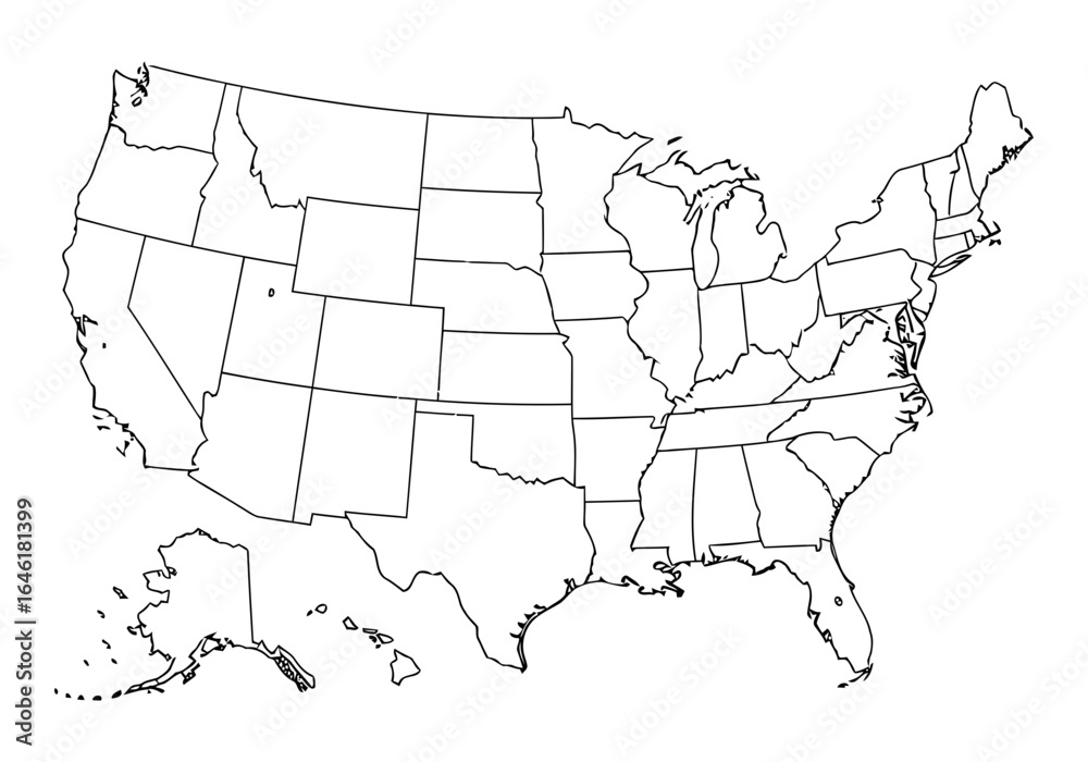 Fototapeta premium Vector art of outline map of the united states of america isolated on white background