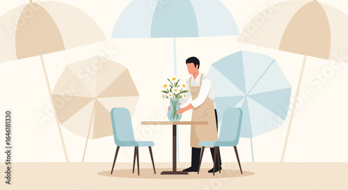 Waiter Arranging Flowers At Outdoor Cafe Setting Under Umbrellas Ready for Guests