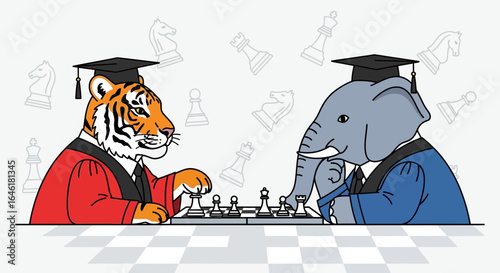 Tiger versus elephant playing chess wearing graduation hats strategic competition