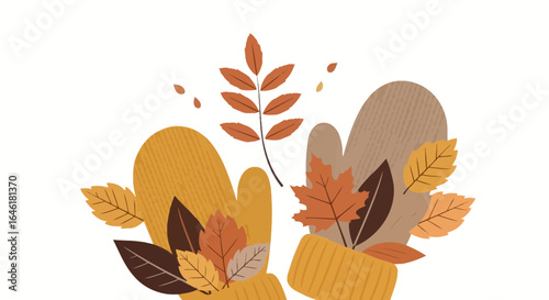 Warm autumnal mittens adorned with colorful falling leaves on a white background