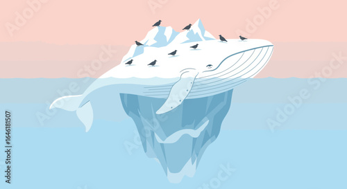 Whale iceberg with birds minimalist illustration, concept about environment and climate change issues in the arctic region