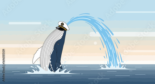 Whale Breaching Wearing a Captain's Hat, Spouting Water Illustration Design