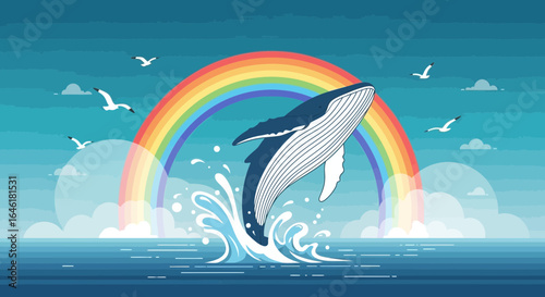 Whale jumping out of the ocean with rainbow background, joyful marine life illustration showcasing the harmony of nature and wildlife
