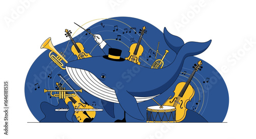 Whale Orchestrator Commanding a Symphony of Instruments Beneath Ocean Waves