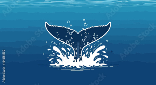 Whale tail breaches the ocean surface creating splash with artistic touch underwater