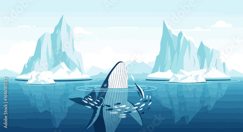 Whale surrounded by smaller fish in arctic waters with icebergs behind it