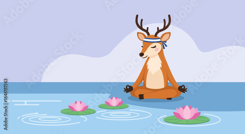 Tranquil deer amidst lotus blossoms embraces inner peace through meditative posture