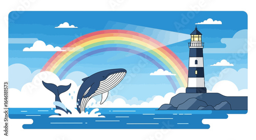 Whale Watching At Sea With Lighthouse And Rainbow Above Blue Ocean