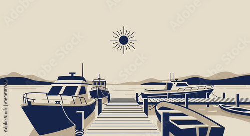 Tranquil harbor scene with boats docked under the warm sun illustration