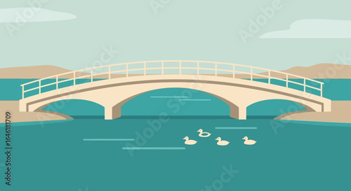 Tranquil Scene Of Serene Waters With Charming Arch Bridge And Floating Ducks