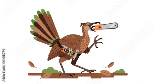 Whimsical Bird Ready to Tackle Landscaping Tasks With Chainsaw And Toolbelt