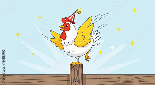 Whimsical Cartoon Chicken Celebrates with Party Hat on Wooden Post Character