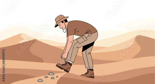 Traveler preparing for a desert journey by tying his shoelaces amid sand dunes ensuring safe and comfortable exploration