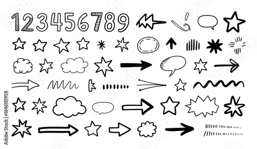 Hand drawn numbers stars arrows clouds speech bubbles and abstract shapes vector