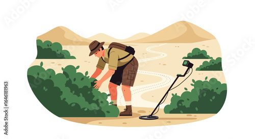 Treasure hunter with metal detector explores arid landscape in search of treasure